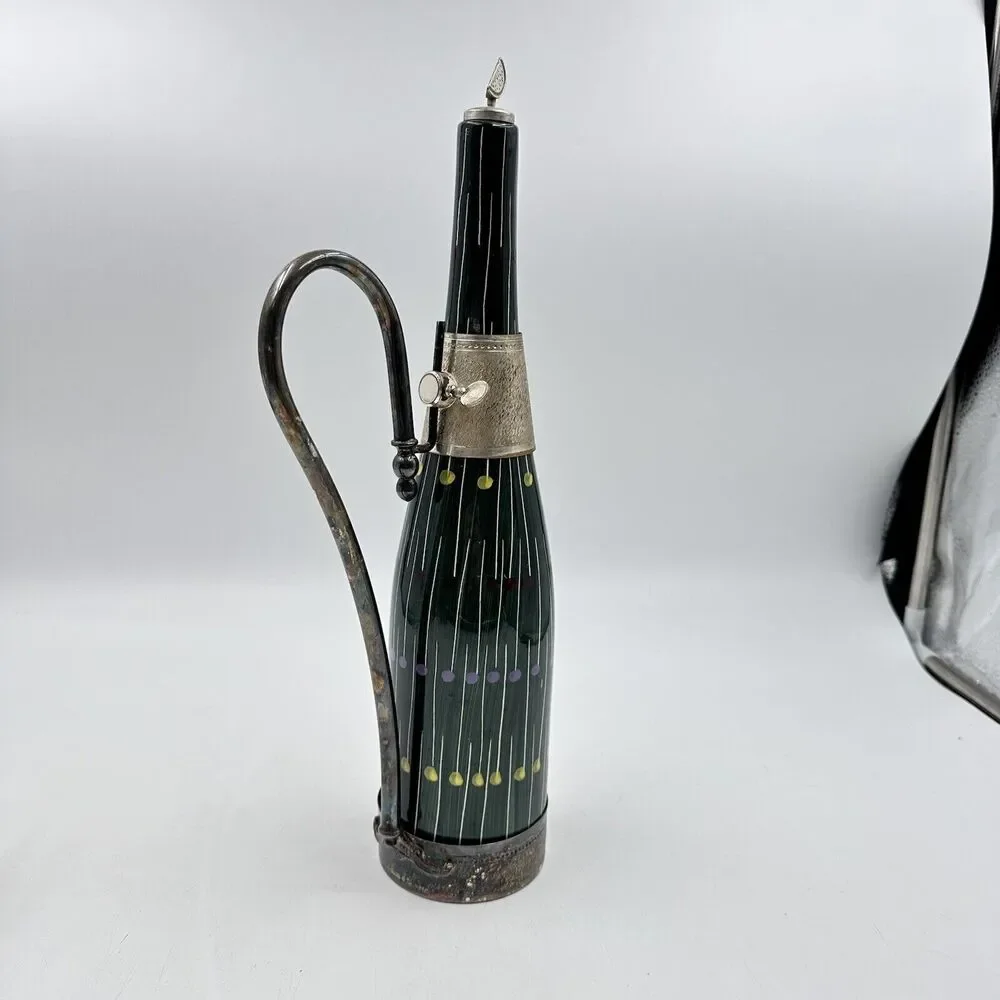 Vintage Ferri Marmaca Italian Ceramic Wine Pitcher Jug Metal Silver Holder 1940s